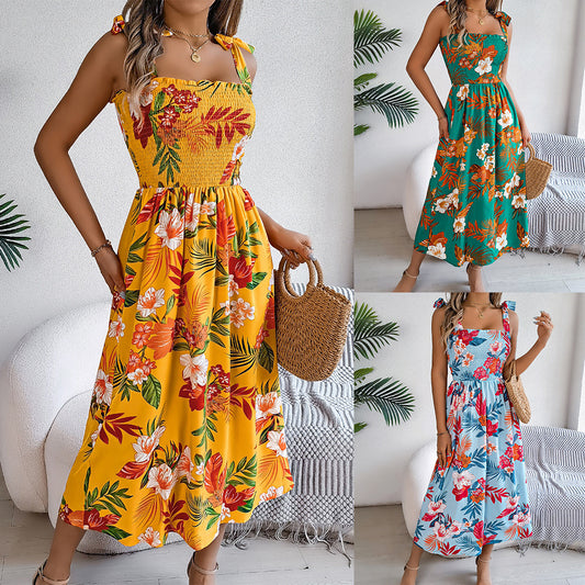 Flowers Print Suspender Corset Dress Ins Fashion Holiday Beach Long Dresses Summer Clothing For Women - Sluxe Fashions