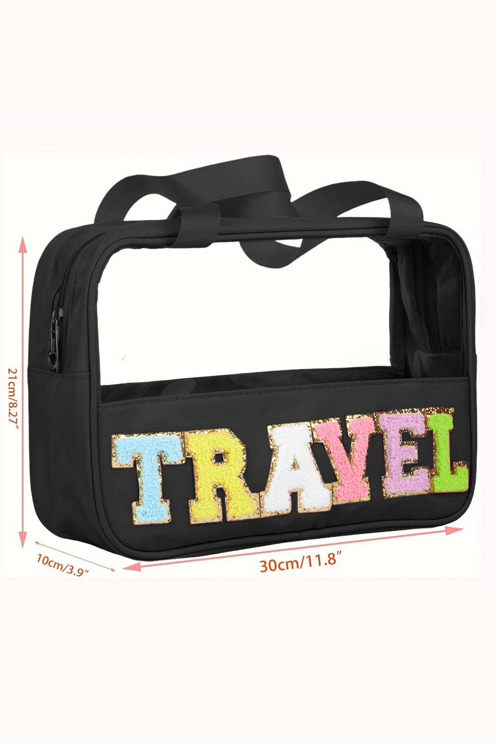 Black TRAVEL Chenille Letter Clear PVC Makeup Bag - Sluxe Fashions
