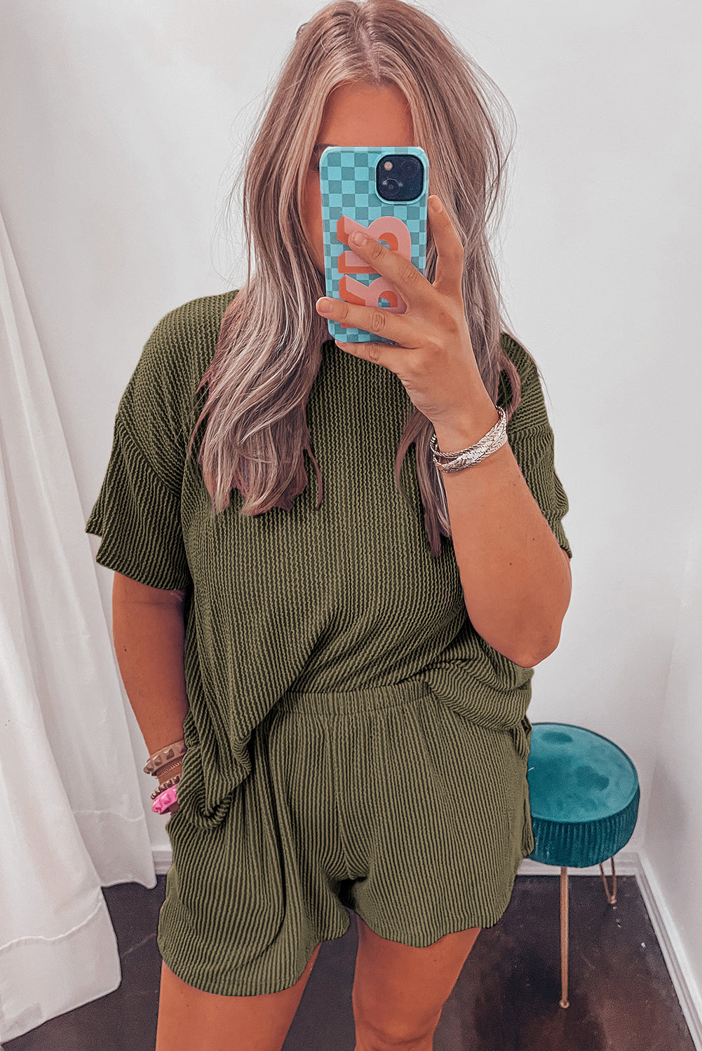 Orange Ribbed Textured Loose Fit Tee & Shorts Set - Sluxe Fashions