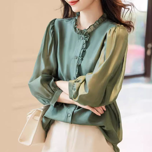 Nine-quarter Sleeve Shirt Women's Puff Sleeve Thin Solid Color Top - Sluxe Global
