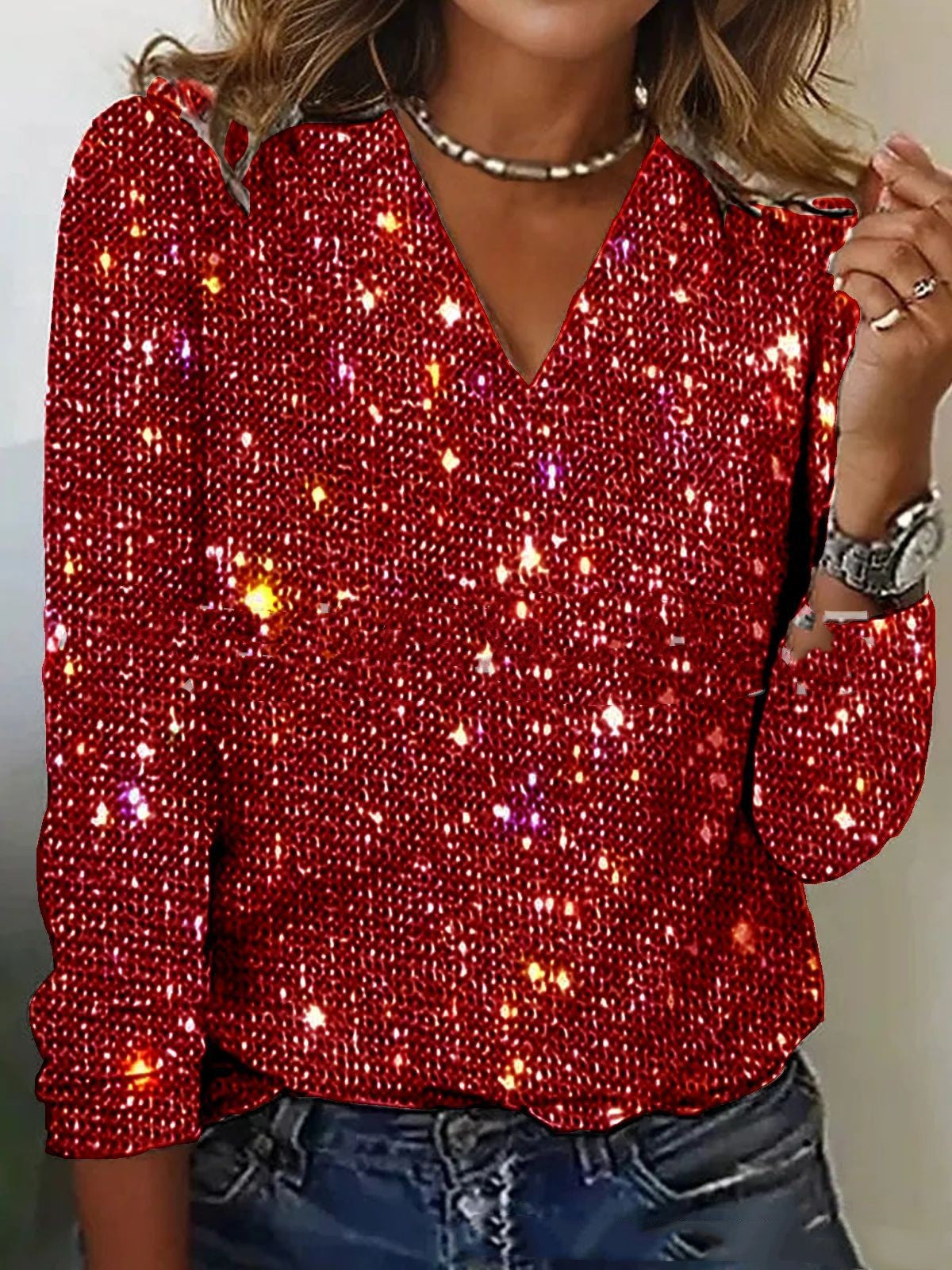 Women's Pure Color Sequins Long-sleeved T-shirt Sluxe Global