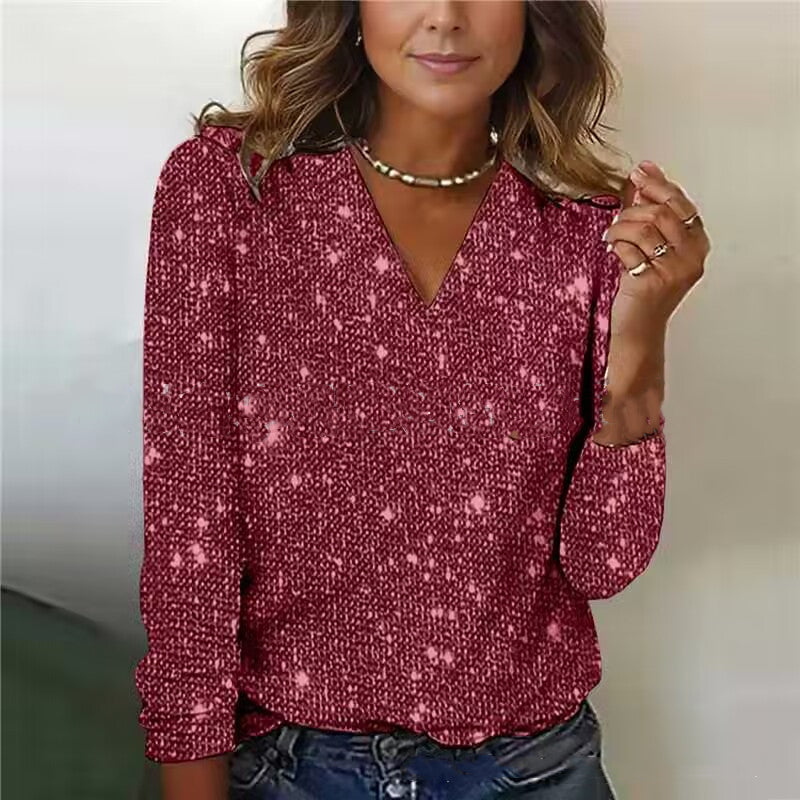 Women's Pure Color Sequins Long-sleeved T-shirt Sluxe Global