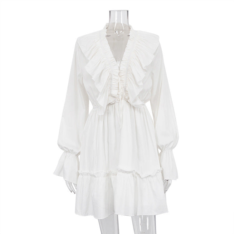 Fashion V Neck Pleated Ruffle Long Sleeve Dress Y2K V Neck Flared Sleeve Short Dress Women's Clothing - Sluxe Fashions