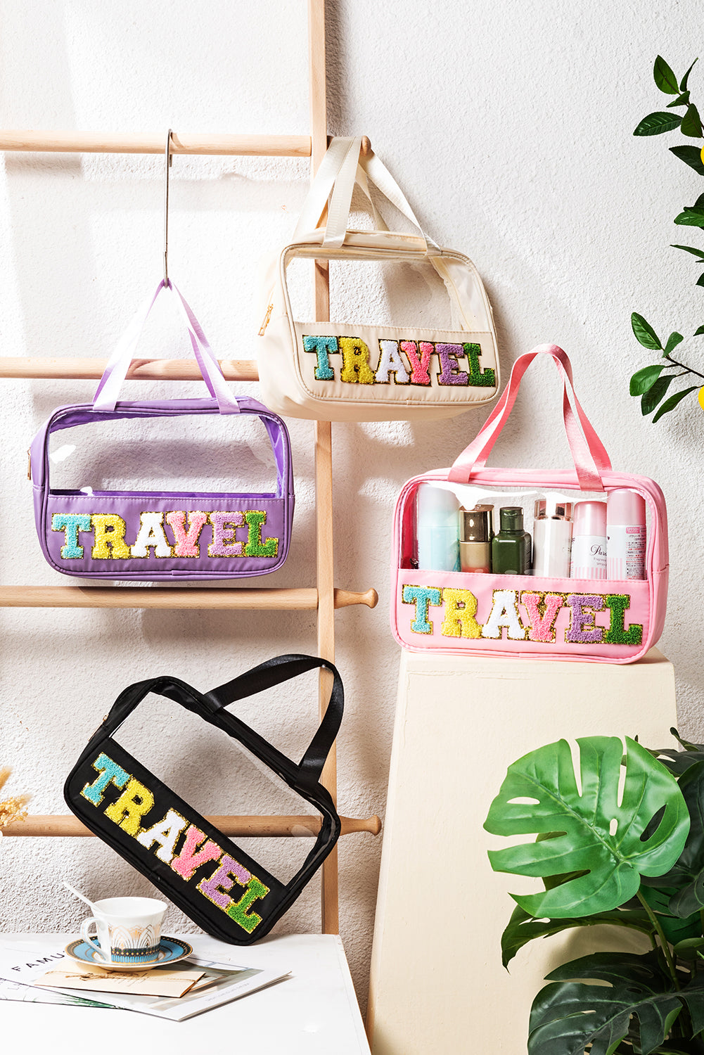 Black TRAVEL Chenille Letter Clear PVC Makeup Bag - Sluxe Fashions