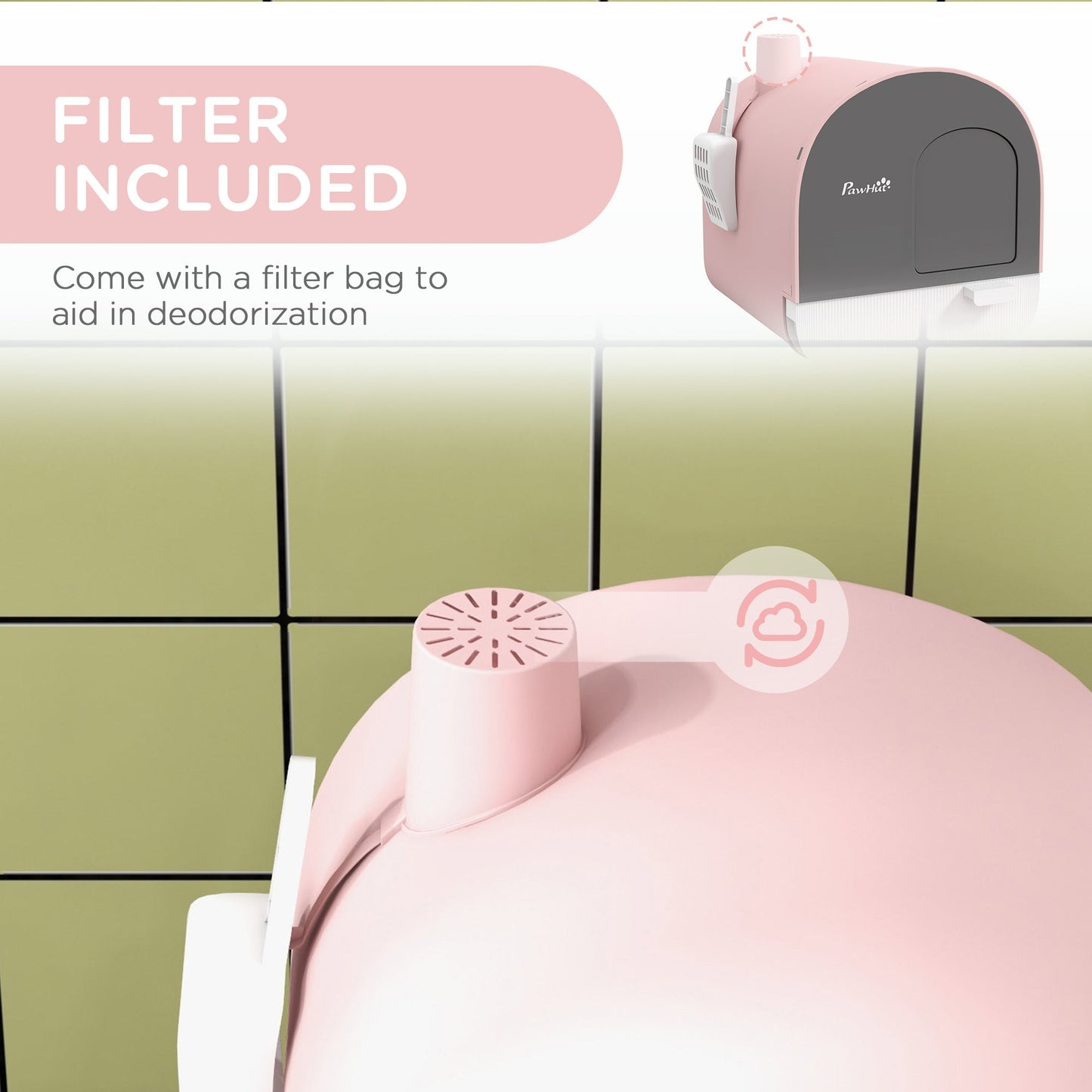 Cat Litter Box with Lid with Scoop and Filter, Pink Sluxe Global