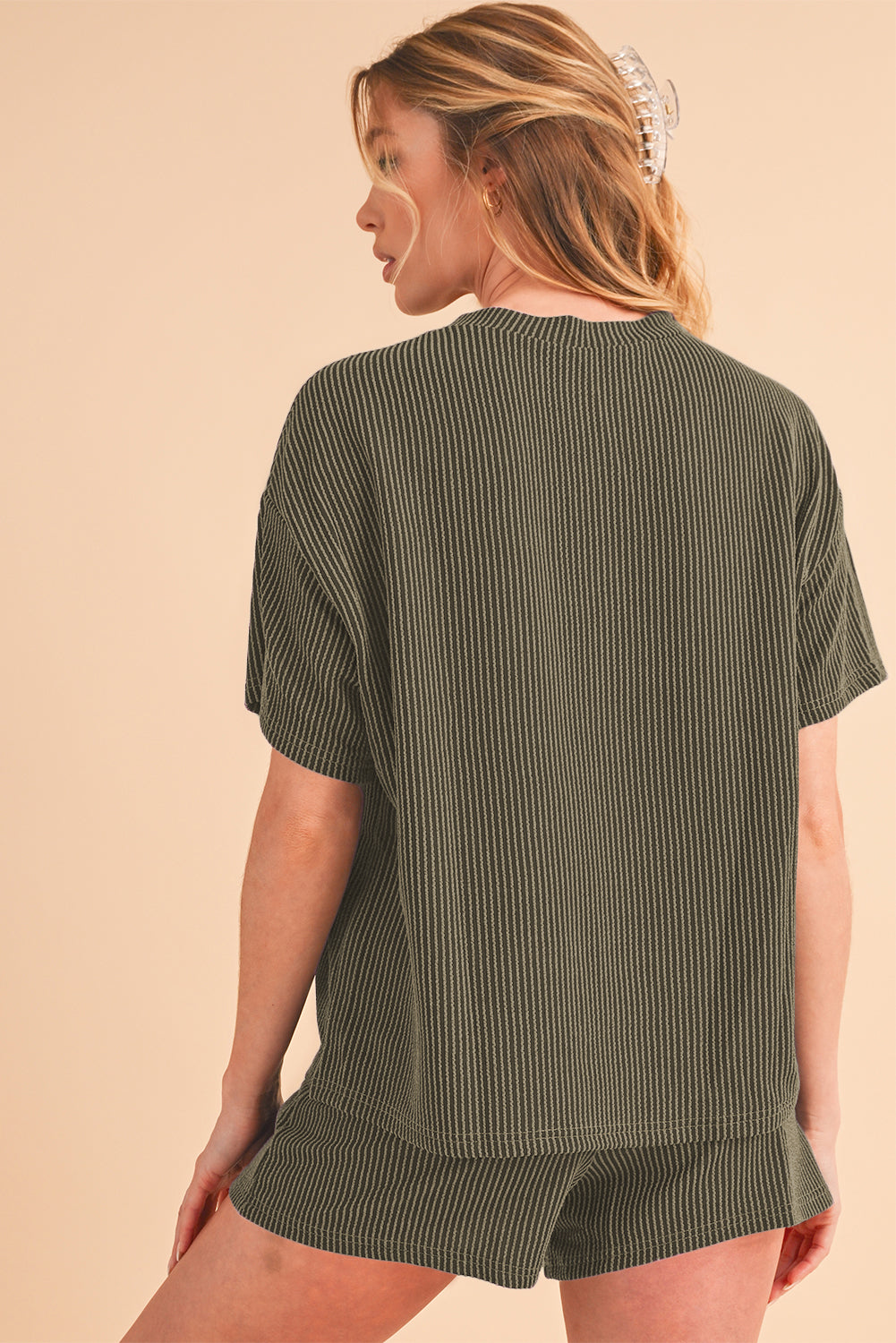 Orange Ribbed Textured Loose Fit Tee & Shorts Set - Sluxe Fashions