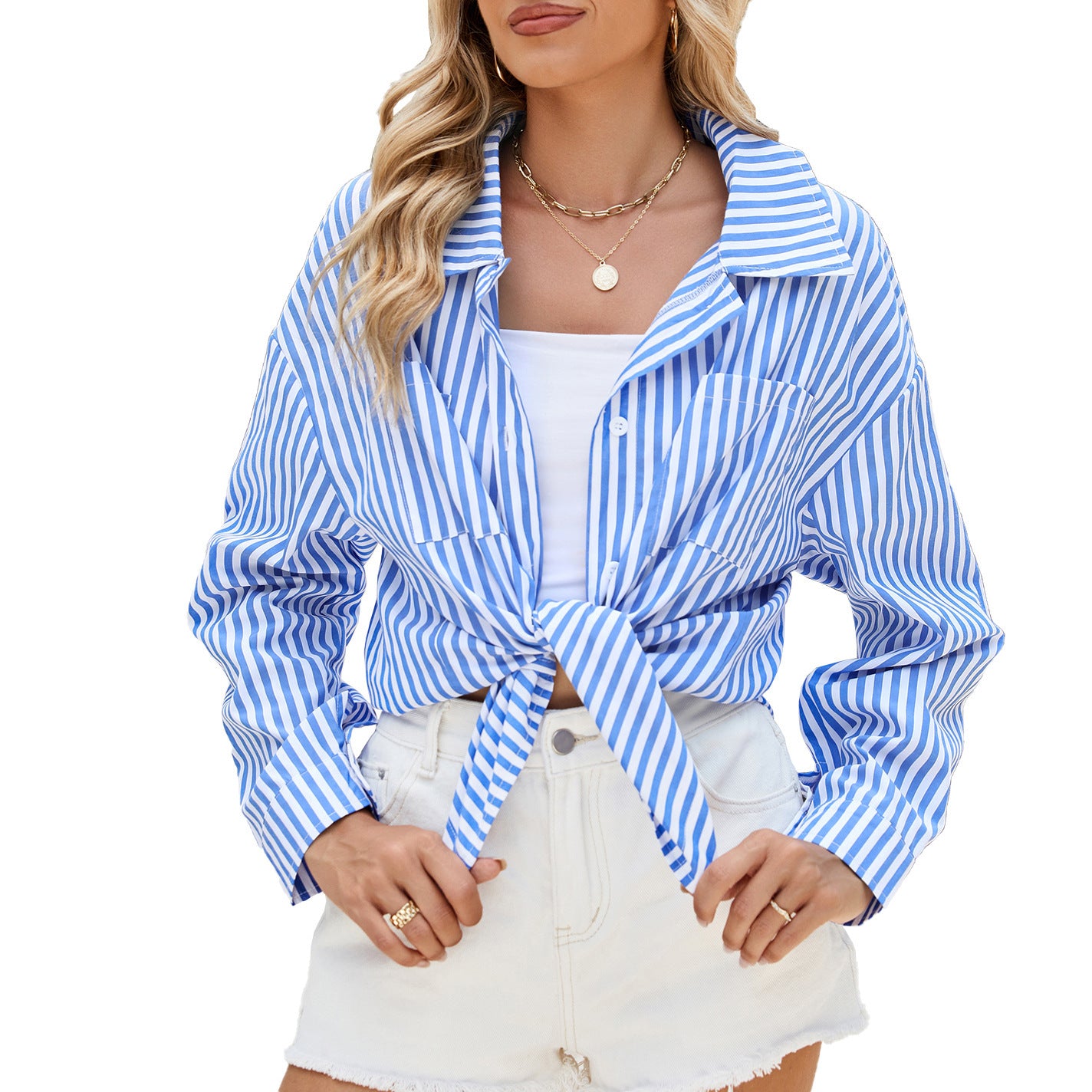 Fashion Striped Long Sleeve Shirt With Pockets Casual Loose Single-breasted Button Top Women Clothing - Sluxe Fashions