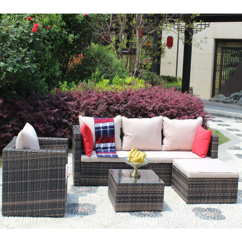Rattan Patio Furniture Set Wicker Sofa Cushioned Sectional Furniture Set Garden Patio Sofa Set 4 Pieces, Brown - Sluxe Global