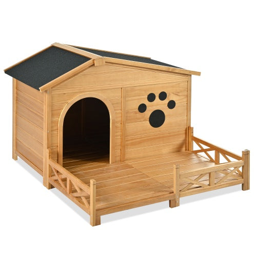 48 Wooden Dog House Outdoor With Porch, Dog Kennel With Water-Resistant Asphalt Roof And Fencing,Indoor & Outdoor Dog Crate With Paw Print, Medium, Nature Sluxe Global