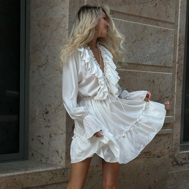 Fashion V Neck Pleated Ruffle Long Sleeve Dress Y2K V Neck Flared Sleeve Short Dress Women's Clothing - Sluxe Fashions
