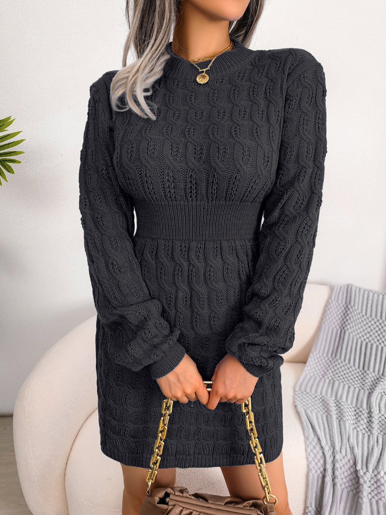Casual Cable Knit Waist Cinched Bodycon Sweater Dress Sluxe Global