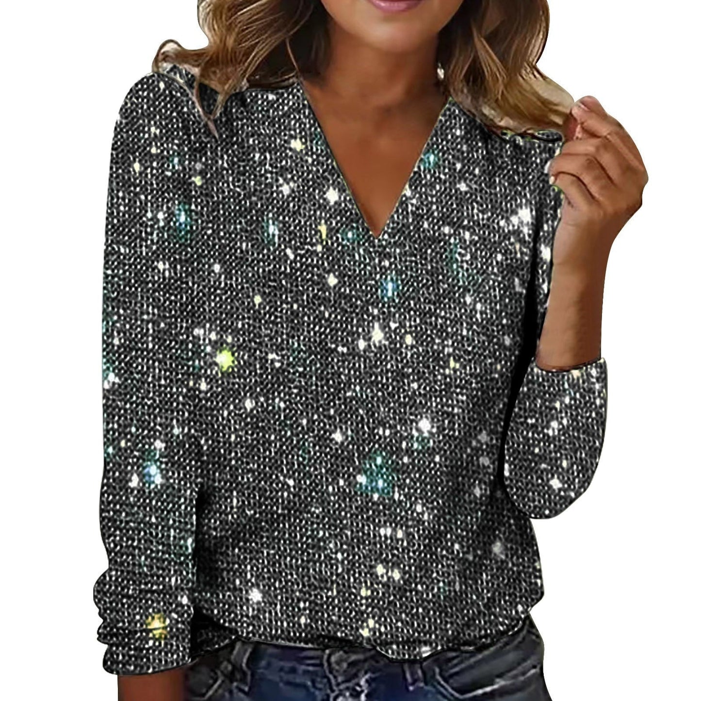 Women's Pure Color Sequins Long-sleeved T-shirt Sluxe Global