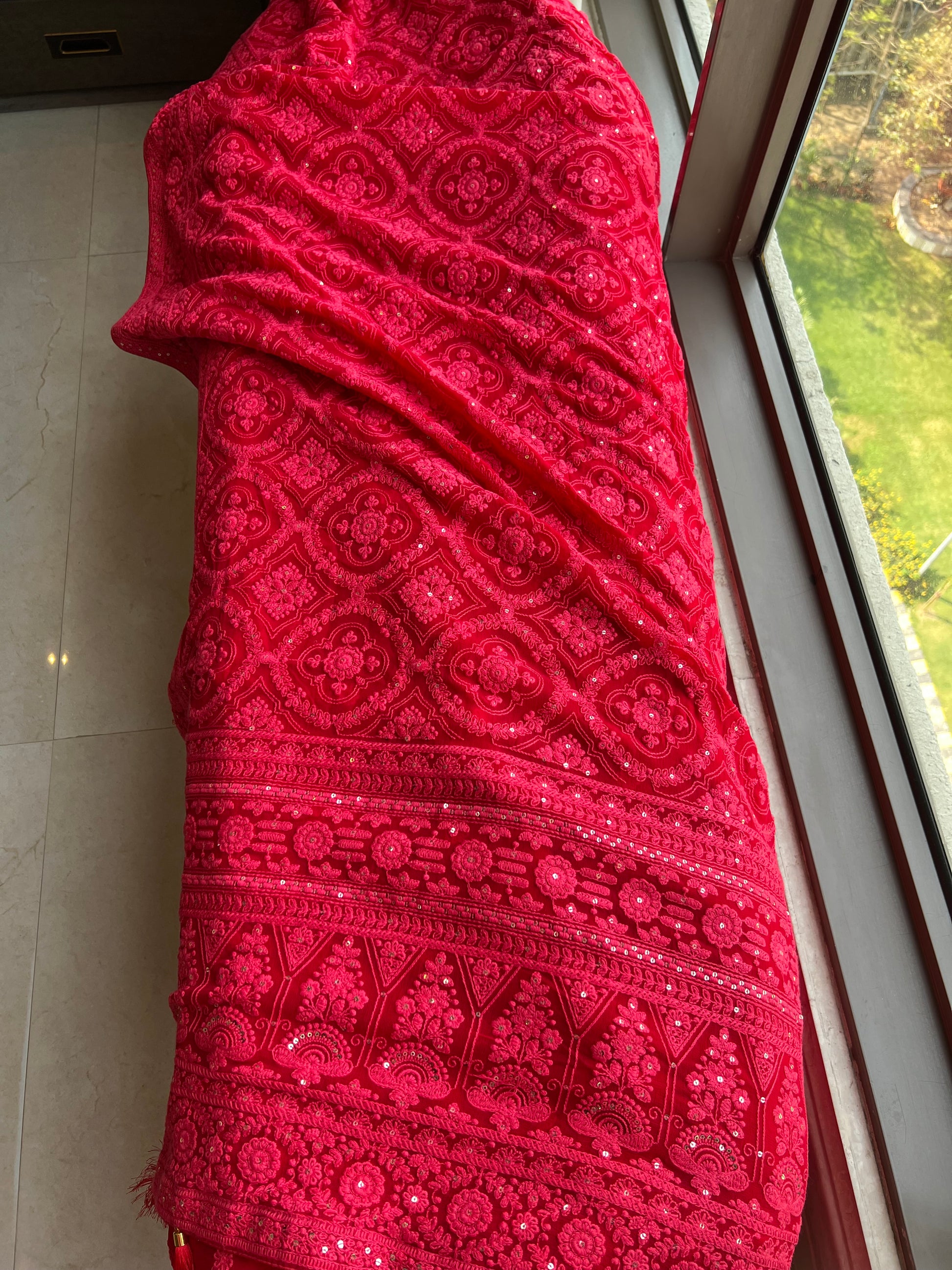 Red Saree Chikankari saree Indian sari blouse - Sluxe Fashions