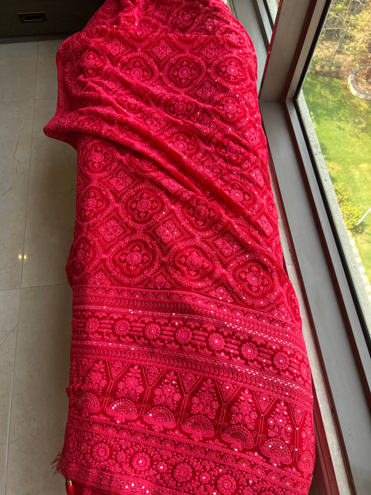 Red Saree Chikankari saree Indian sari blouse - Sluxe Fashions