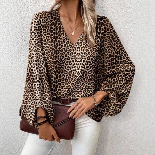 European And American V-neck Leopard Print Casual Long-sleeved Top - Sluxe Fashions