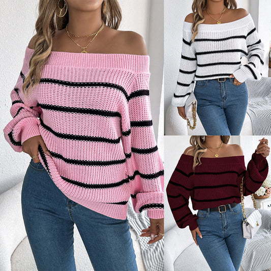 Striped Off-the-shoulder Lantern Sleeve Pullover - Sluxe Fashions