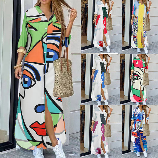 Fashion Long Sleeve Printing Shirt Dress Casual Long Dress - Sluxe Fashions