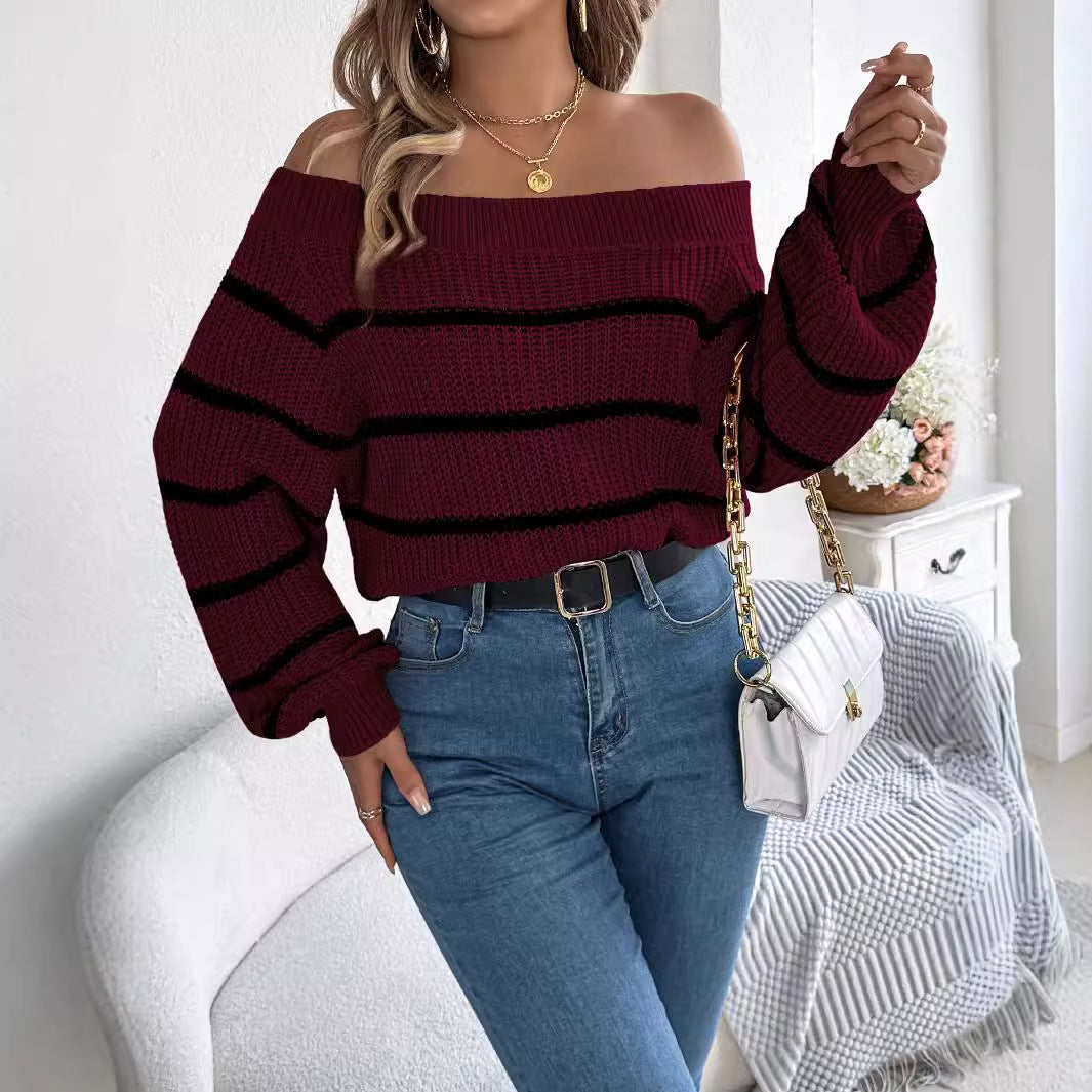 Striped Off-the-shoulder Lantern Sleeve Pullover - Sluxe Fashions