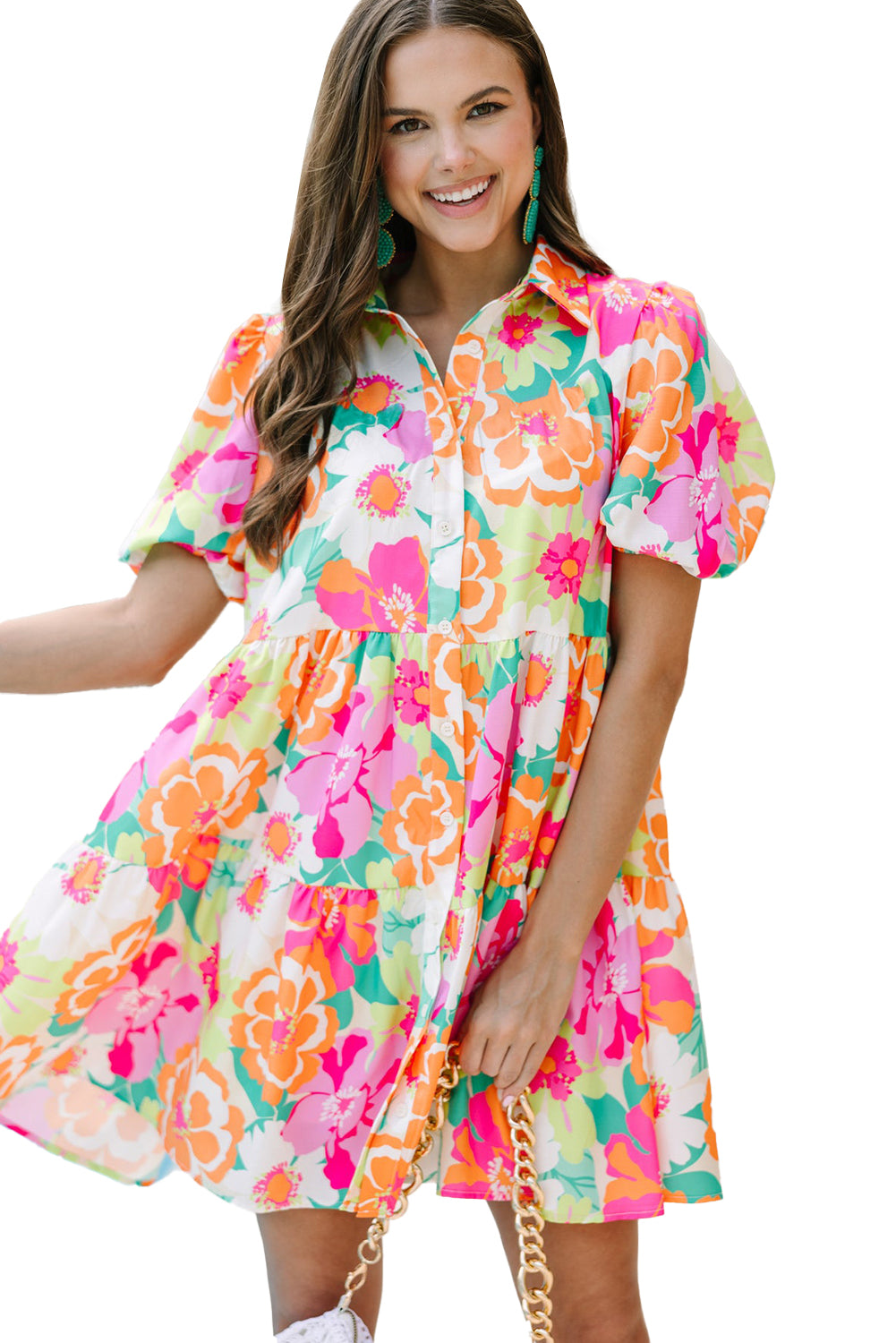 Green Floral Puff Sleeve Buttoned Babydoll Dress - Sluxe Fashions