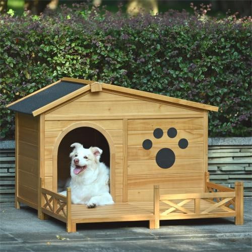 48 Wooden Dog House Outdoor With Porch, Dog Kennel With Water-Resistant Asphalt Roof And Fencing,Indoor & Outdoor Dog Crate With Paw Print, Medium, Nature Sluxe Global