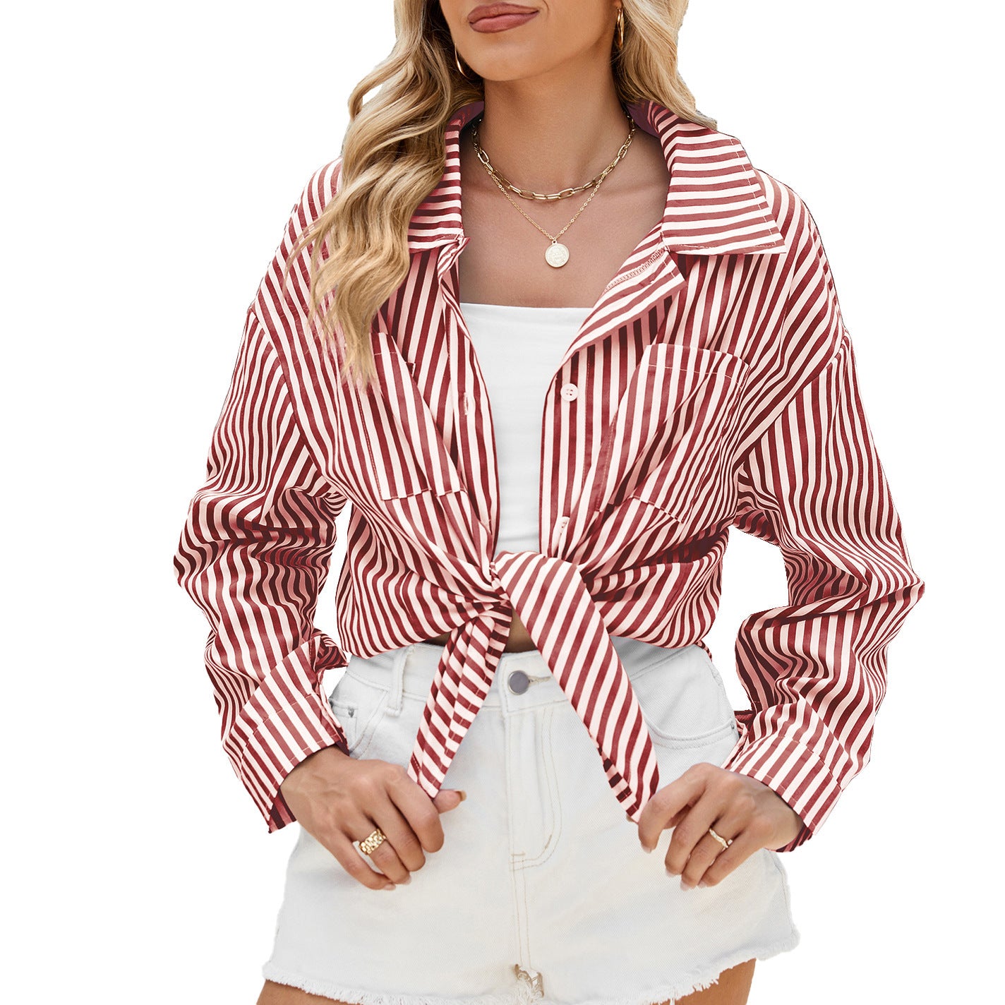 Fashion Striped Long Sleeve Shirt With Pockets Casual Loose Single-breasted Button Top Women Clothing - Sluxe Fashions
