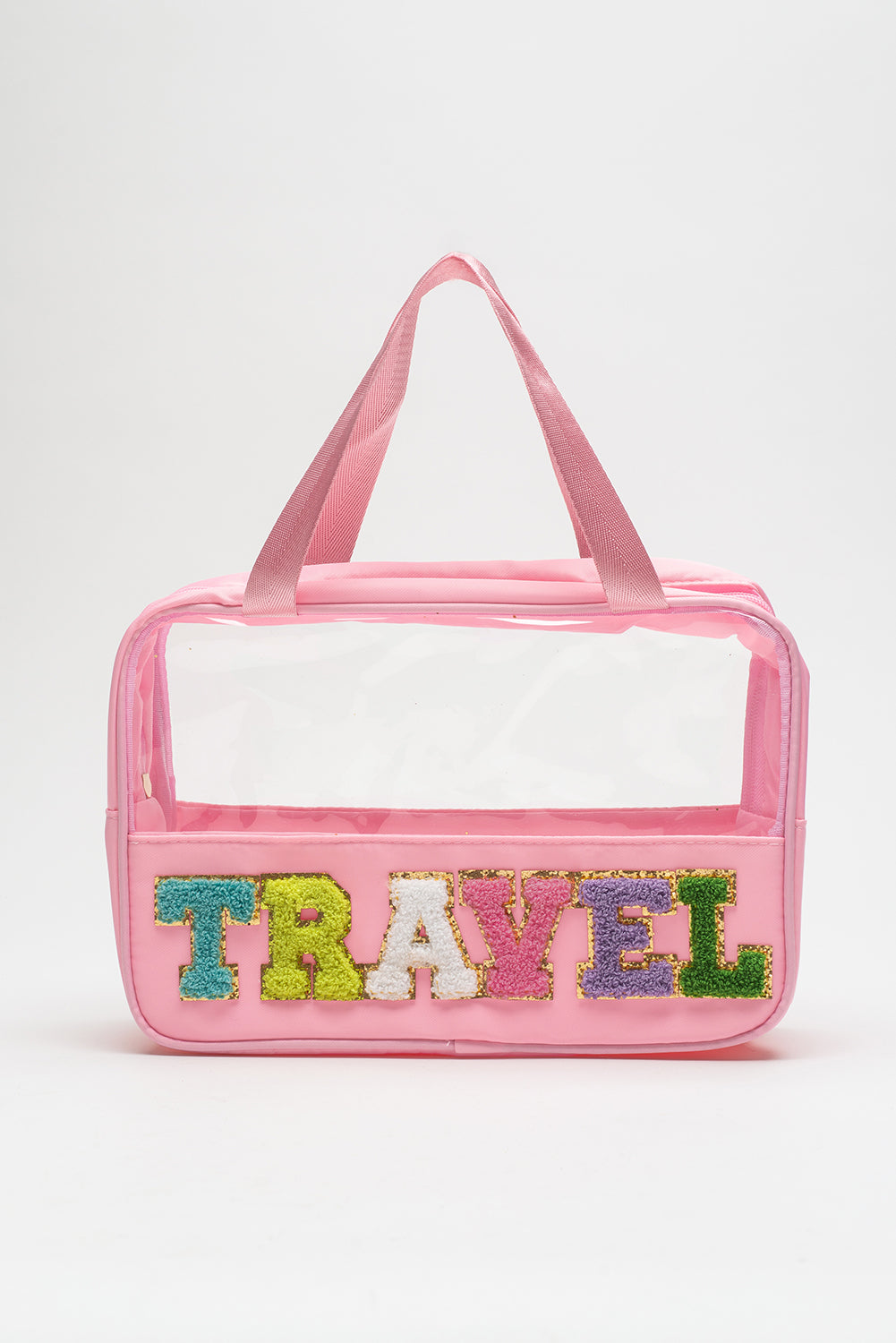 Black TRAVEL Chenille Letter Clear PVC Makeup Bag - Sluxe Fashions