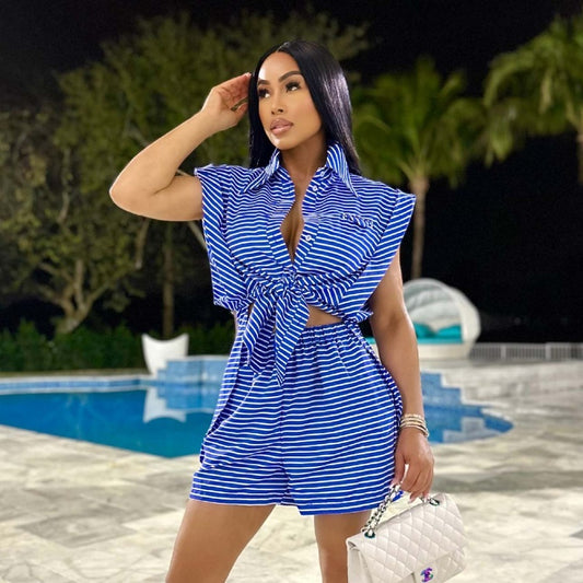 European And American Ladies Fashion Casual Shirt Flared Sleeve Pocket Striped Two-piece Set - Sluxe Fashions
