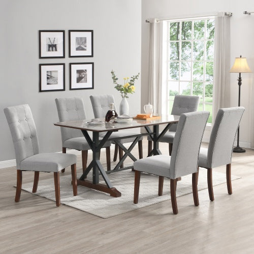 Modern Dining Table For 6-8, 7 Piece Kitchen Dining Table Set, Gray Sintered Stone Dining Table With 6 Tufted Upholstered Chairs, 63-inch Rectangle Dining Table For Dining Room - Sluxe Global