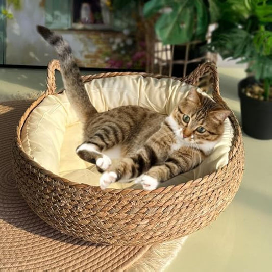 Natural Woven Cat Bed With Soft Cushion, Handmade Braided Cattail Leaf Pet House, Eco-Friendly Straw Nest Sluxe Global