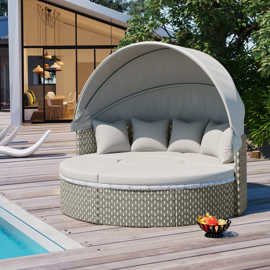TOPMAX Patio Furniture Round Outdoor Sectional Sofa Set Rattan Daybed Two-Tone Weave Sunbed With Ret - Sluxe Global