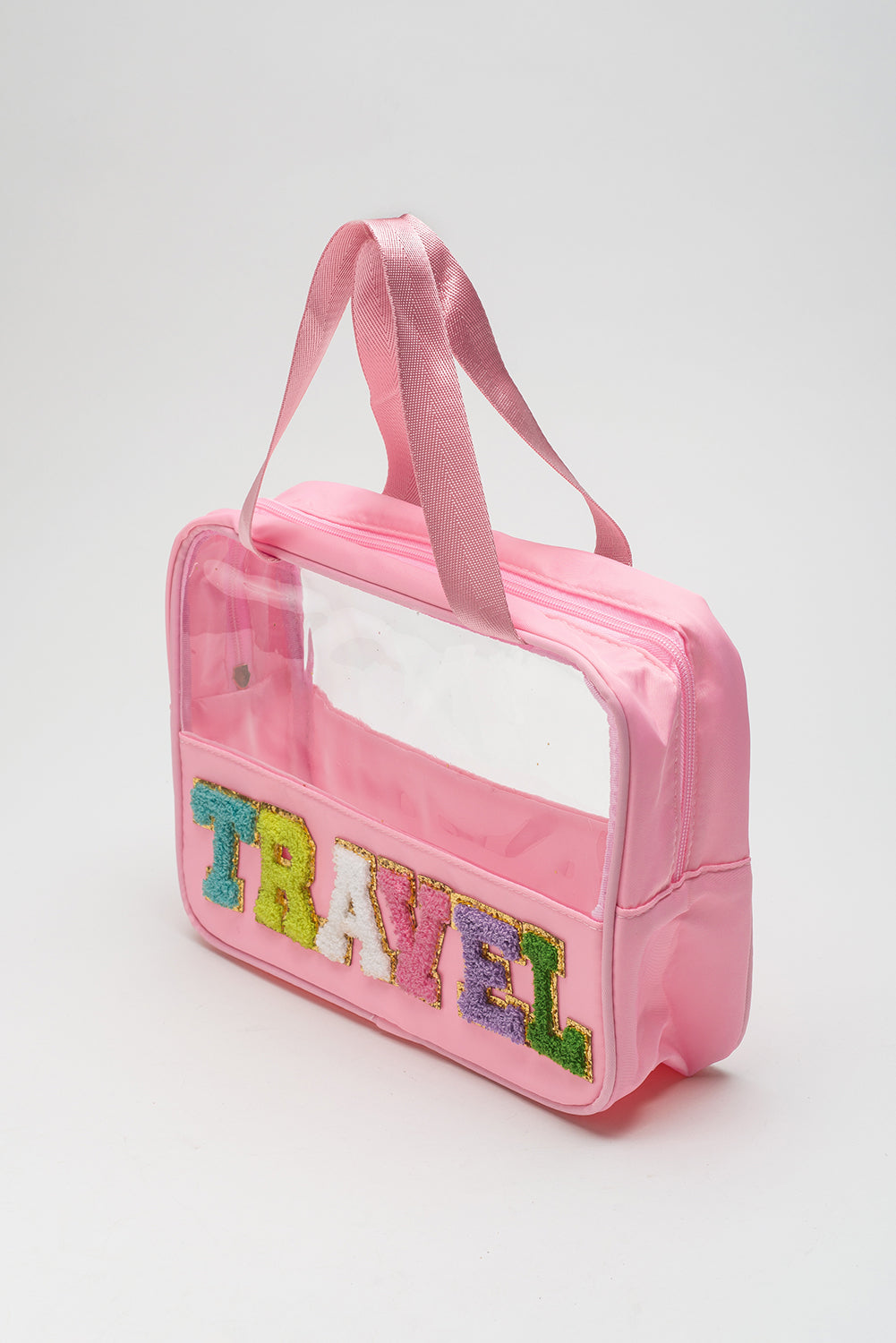 Black TRAVEL Chenille Letter Clear PVC Makeup Bag - Sluxe Fashions