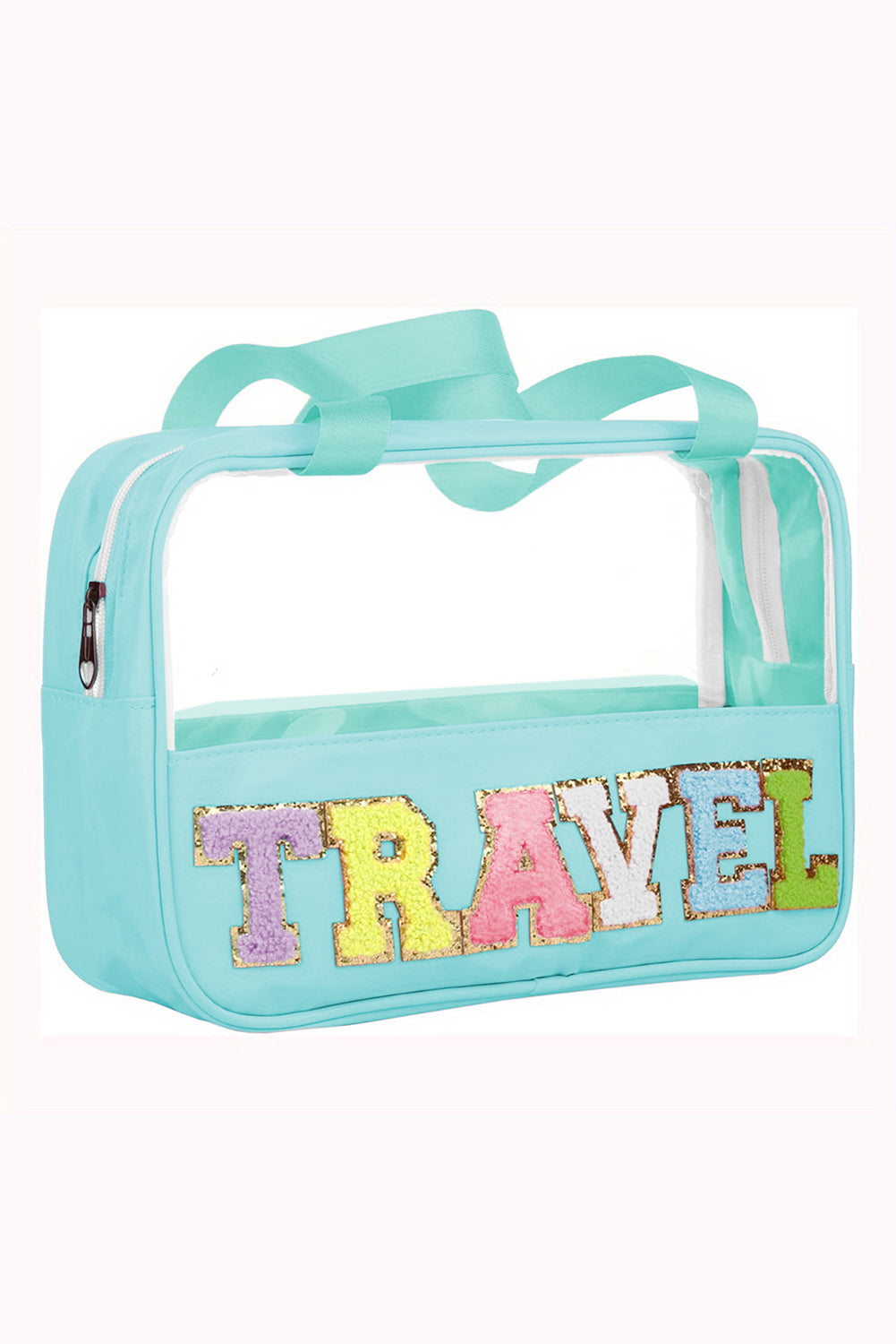 Black TRAVEL Chenille Letter Clear PVC Makeup Bag - Sluxe Fashions
