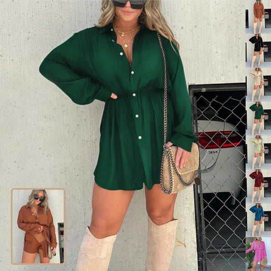 Women's Long Sleeve Jumpsuit With Button Fashion Shirt Dress - Sluxe Fashions