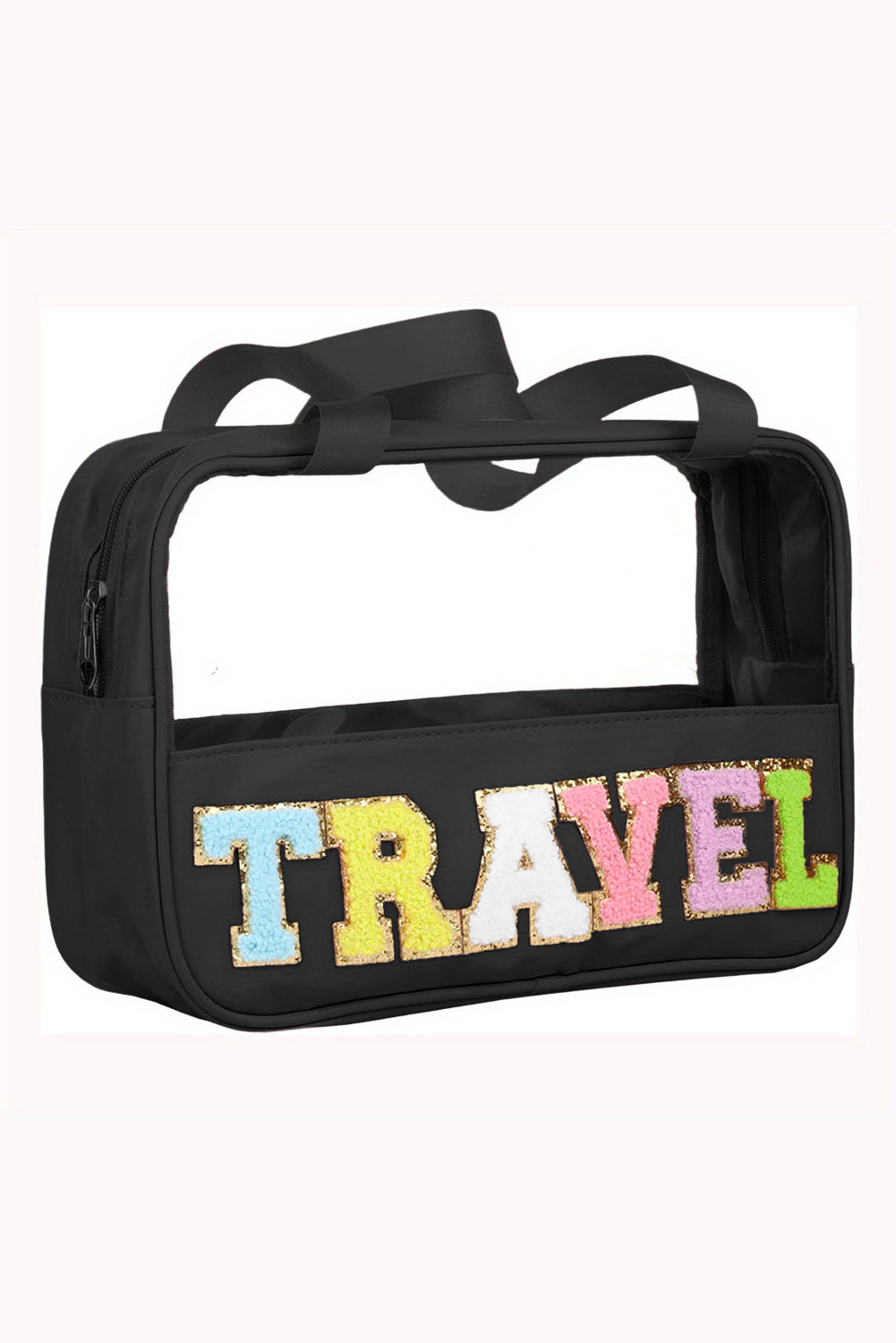 Black TRAVEL Chenille Letter Clear PVC Makeup Bag - Sluxe Fashions