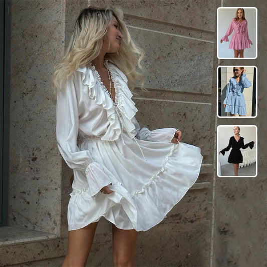 Fashion V Neck Pleated Ruffle Long Sleeve Dress Y2K V Neck Flared Sleeve Short Dress Women's Clothing - Sluxe Fashions