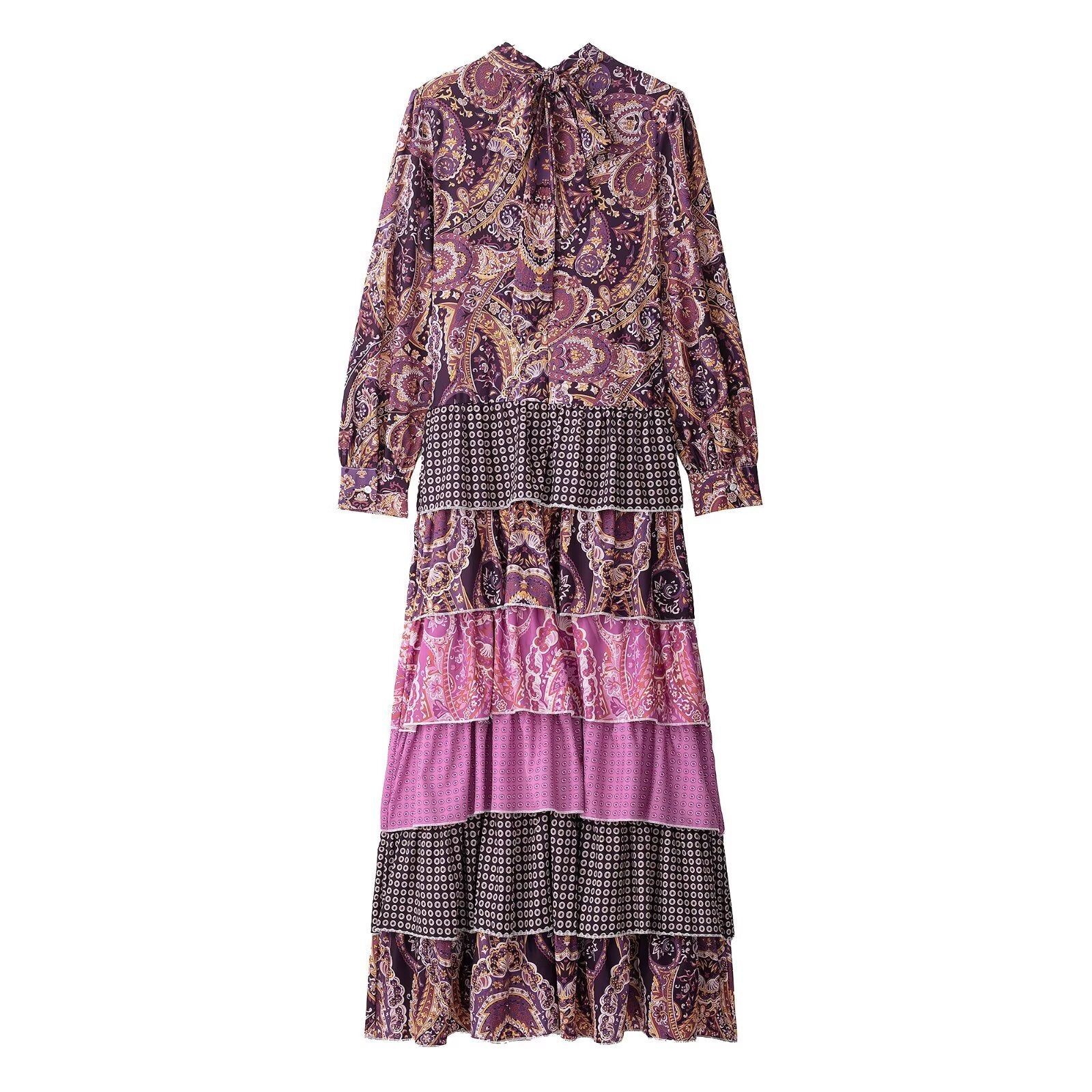 Women's Clothing Stitching Printing Pullover Stand Collar Long Dress - Sluxe Global