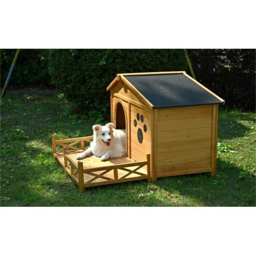 48 Wooden Dog House Outdoor With Porch, Dog Kennel With Water-Resistant Asphalt Roof And Fencing,Indoor & Outdoor Dog Crate With Paw Print, Medium, Nature Sluxe Global