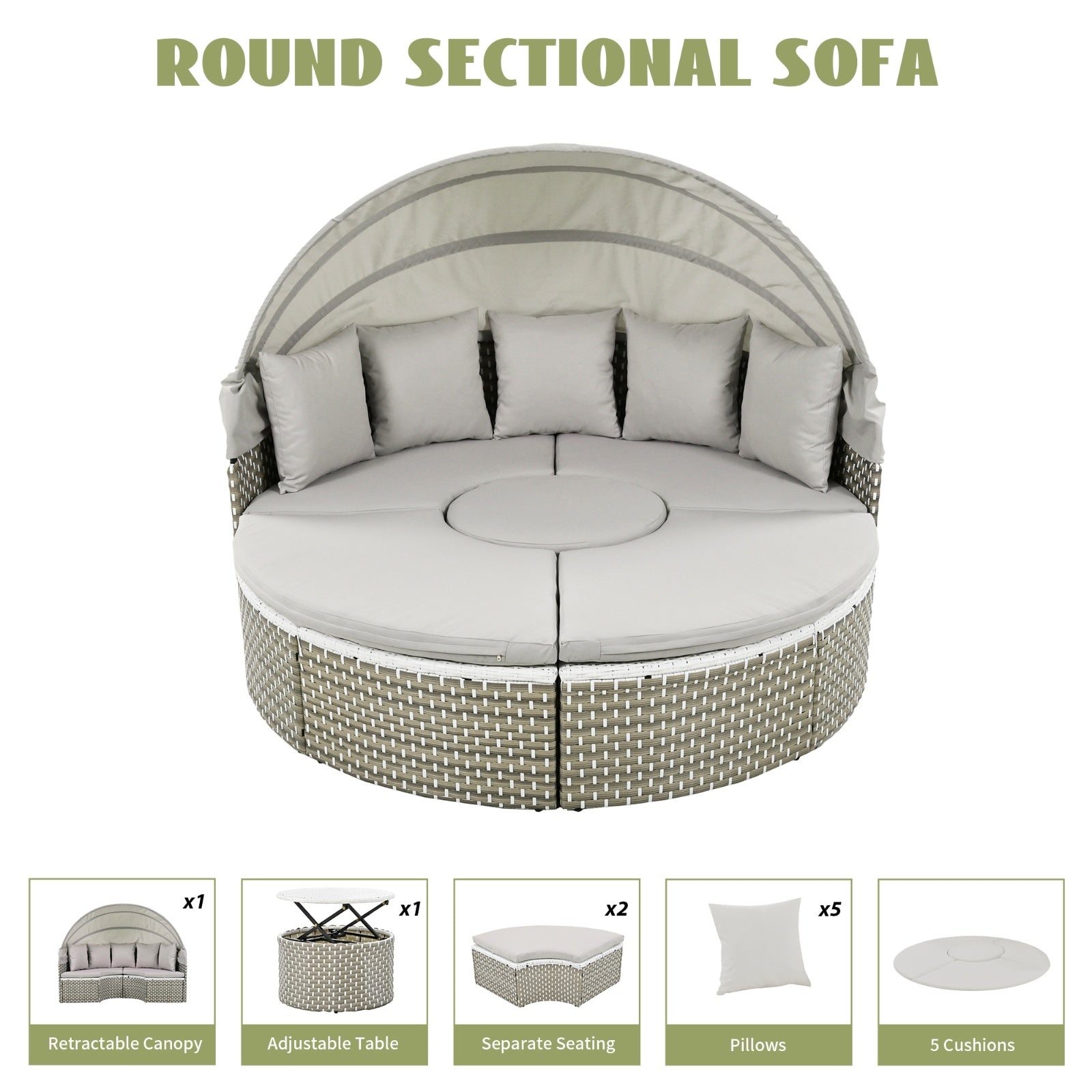 TOPMAX Patio Furniture Round Outdoor Sectional Sofa Set Rattan Daybed Two-Tone Weave Sunbed With Ret - Sluxe Global