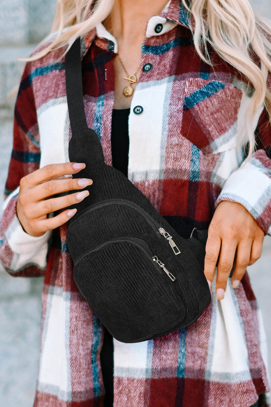 Black Casual Corduroy Zipper Crossbody Bag - Sluxe Fashions