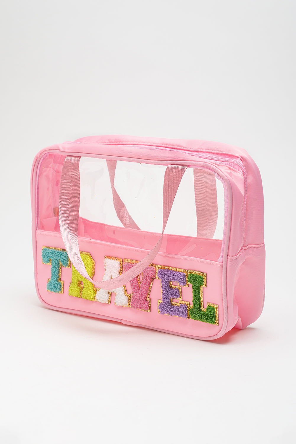 Black TRAVEL Chenille Letter Clear PVC Makeup Bag - Sluxe Fashions