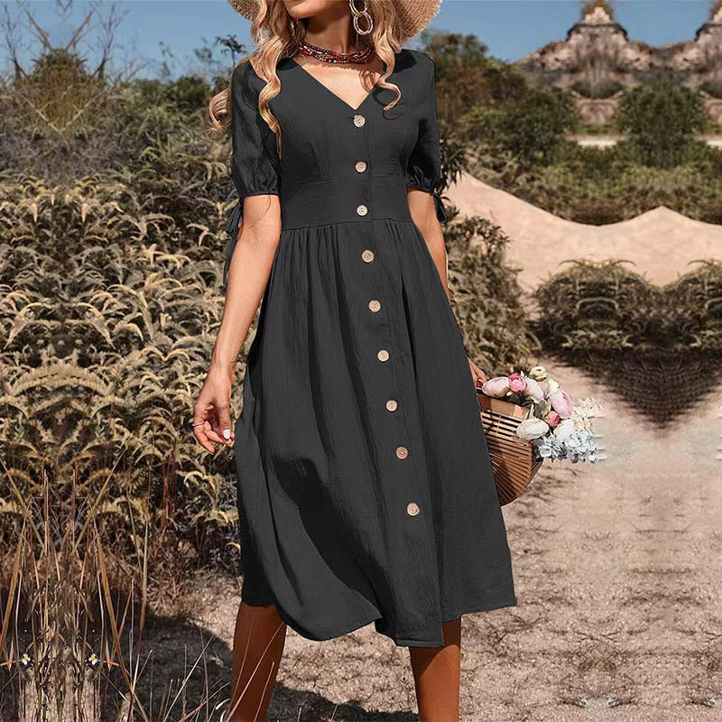 Summer Women's Clothing Midi Dress Short Sleeve V-neck Solid Color Cotton And Linen Dress Sluxe Global
