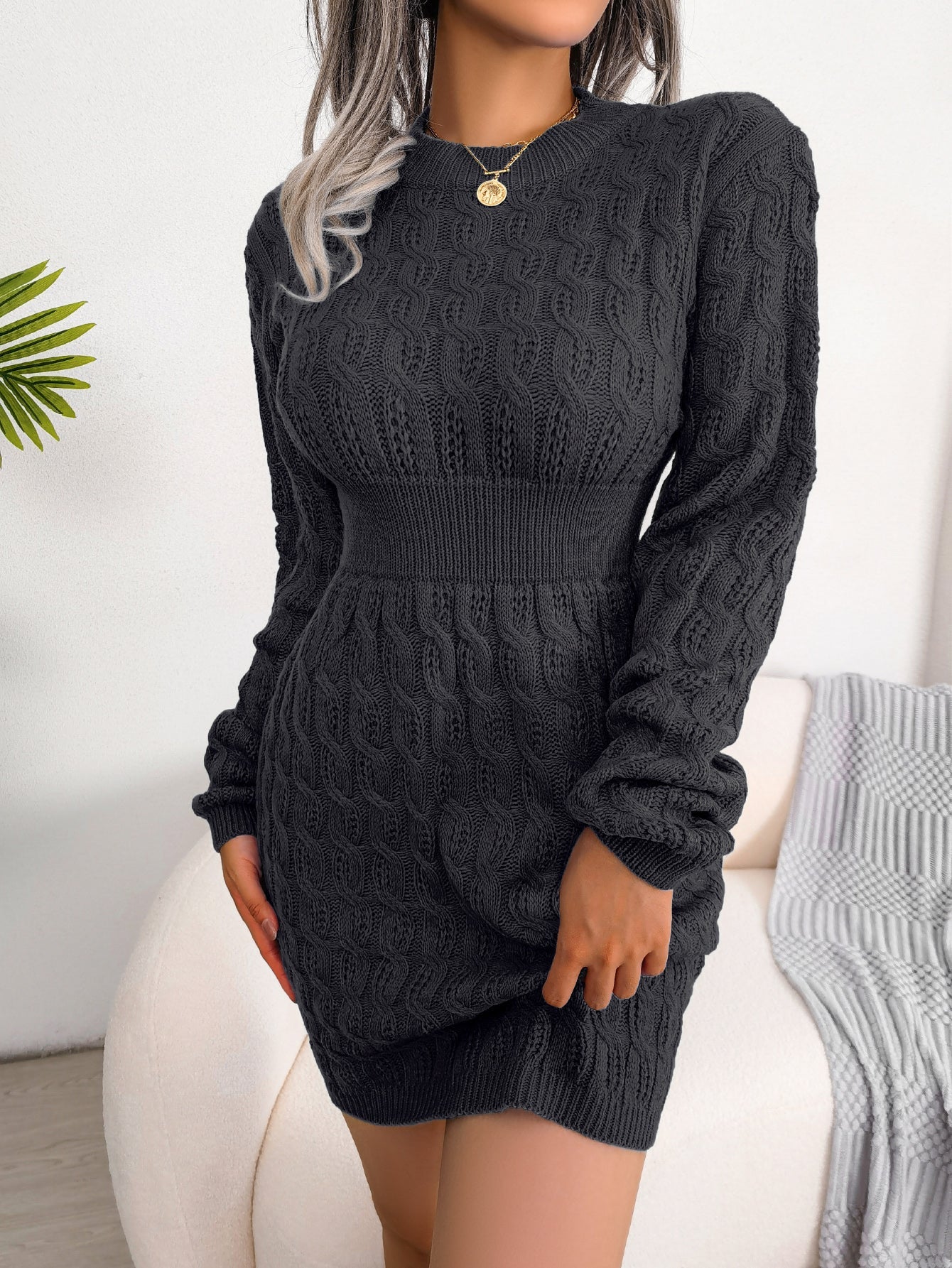 Casual Cable Knit Waist Cinched Bodycon Sweater Dress Sluxe Global