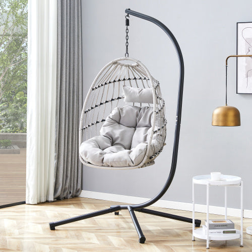 GRHeavy-Duty Iron Hanging Chair With Wicker Weave   Single Person Swing For Indoor  Outdoor Gray - Sluxe Global