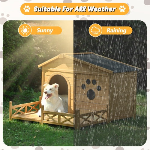 48 Wooden Dog House Outdoor With Porch, Dog Kennel With Water-Resistant Asphalt Roof And Fencing,Indoor & Outdoor Dog Crate With Paw Print, Medium, Nature Sluxe Global