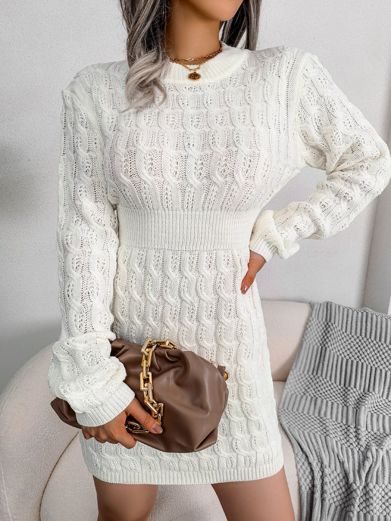 Casual Cable Knit Waist Cinched Bodycon Sweater Dress Sluxe Global