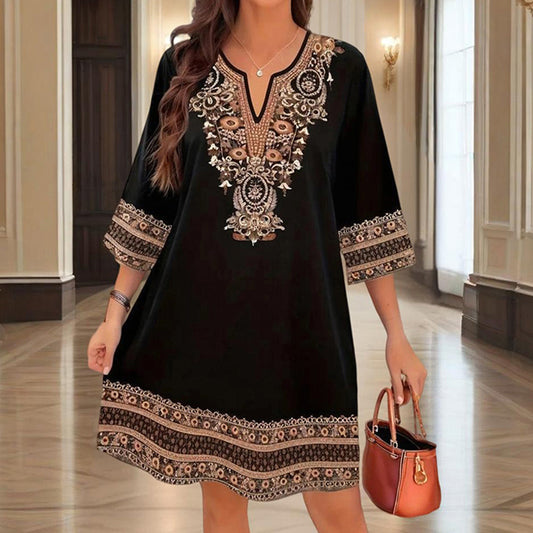 Women's V-Neck Middle Eastern Style Floral Print Midi Dress - Elegant Sleeve Design Lightweight Perfect For Spring&Summer Vacation & Daily Wear - Sluxe Global