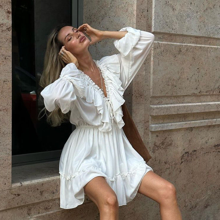 Fashion V Neck Pleated Ruffle Long Sleeve Dress Y2K V Neck Flared Sleeve Short Dress Women's Clothing - Sluxe Fashions