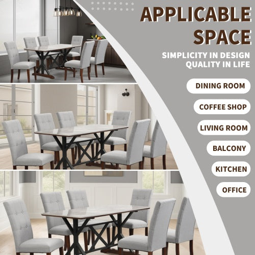 Modern Dining Table For 6-8, 7 Piece Kitchen Dining Table Set, Gray Sintered Stone Dining Table With 6 Tufted Upholstered Chairs, 63-inch Rectangle Dining Table For Dining Room - Sluxe Global