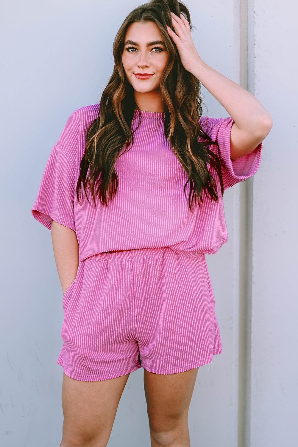 Orange Ribbed Textured Loose Fit Tee & Shorts Set - Sluxe Fashions