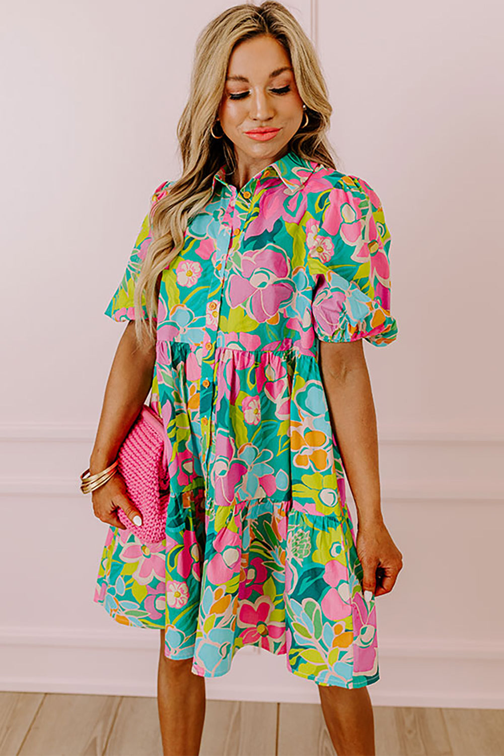 Green Floral Puff Sleeve Buttoned Babydoll Dress - Sluxe Fashions